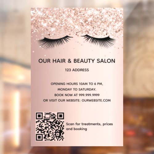 Beauty salon rose gold glitter lashes QR code Window Cling