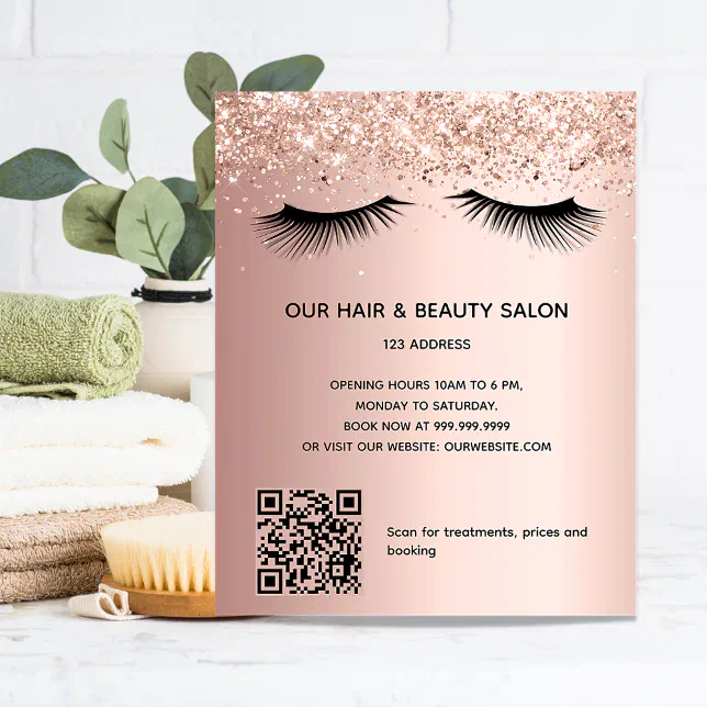 Beauty salon rose gold glitter makeup QR code Flyer Zazzle