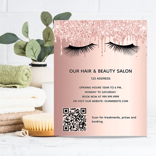 Beauty salon rose gold glitter makeup QR code Flyer
