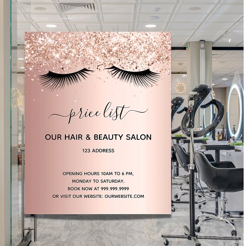 Beauty salon rose gold glitter price list lashes flyer