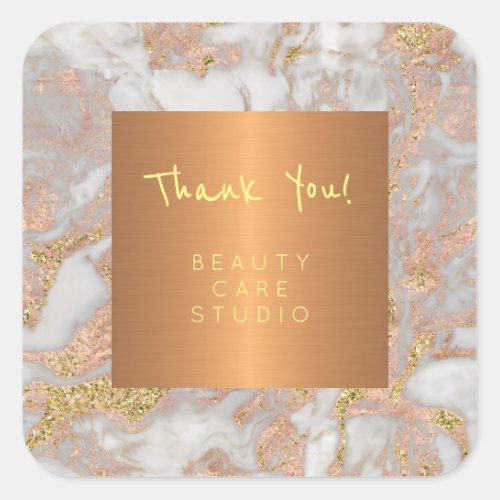 Beauty salon rose gold grey marble thank you square sticker