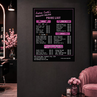 Beauty Salon Services Price List Modern Black Pink Poster