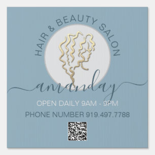 Beauty Salon Smoky Blue Gold Logo Hair QR CODE Sign