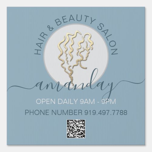 Beauty Salon Smoky Blue Gold Logo Hair QR CODE Sign