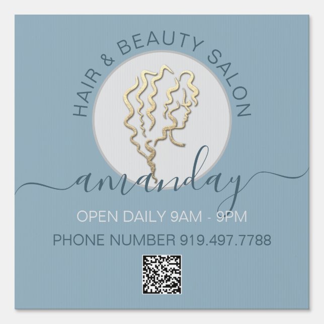 Beauty Salon Smoky Blue Gold Logo Hair QR CODE Sign (Front)