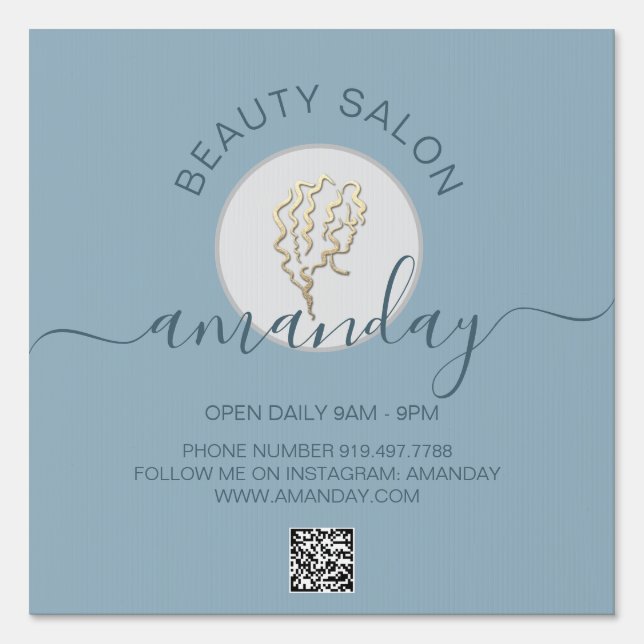 Beauty Salon Smoky Blue Gold Logo Hairdresser Sign (Front)