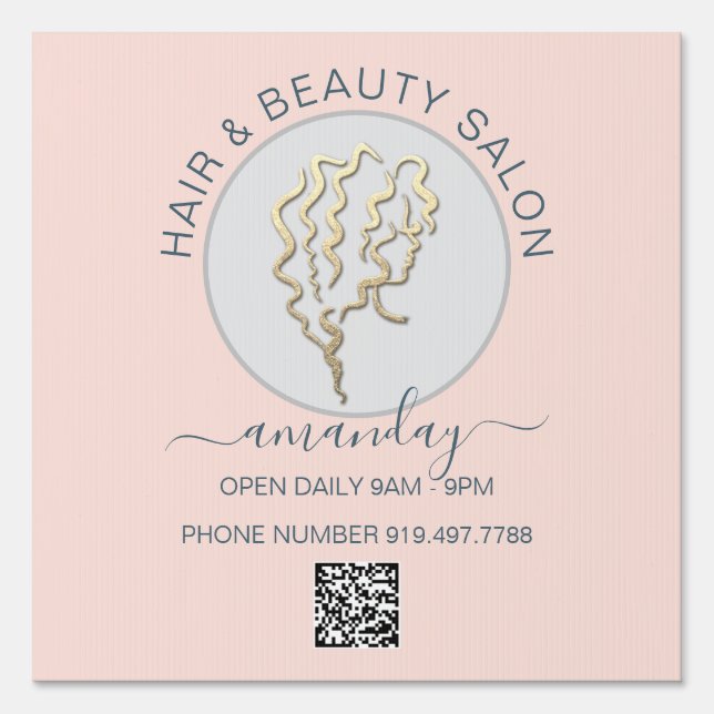 Beauty Salon Smoky Pink Gold Logo Hair QR CODE Sign (Front)