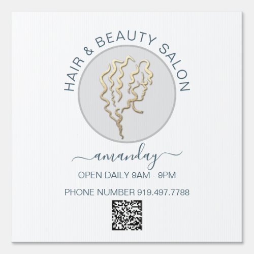 Beauty Salon Smoky White  Gold Logo Hair QR CODE Sign