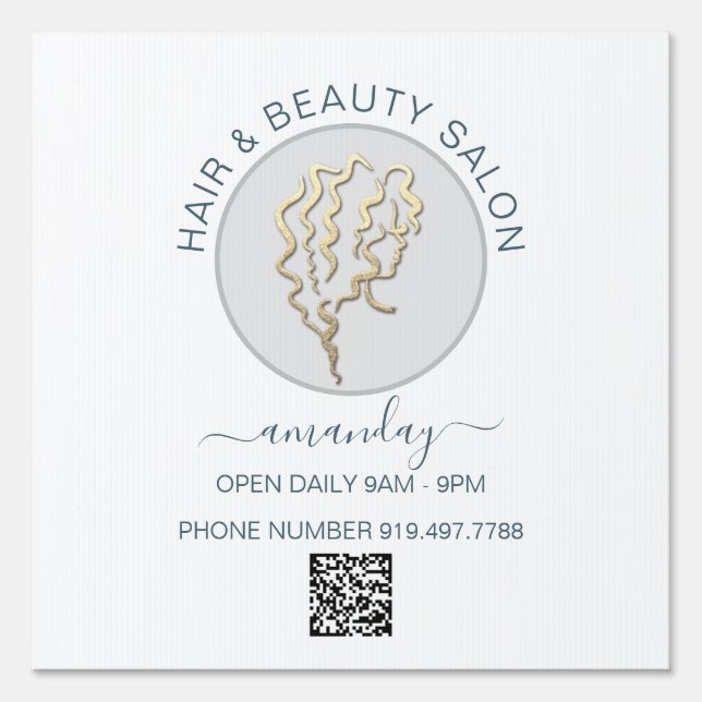 Beauty Salon Smoky White  Gold Logo Hair QR CODE Sign (Front)
