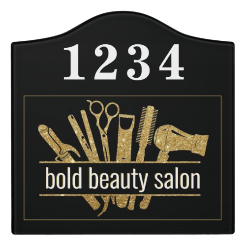 Beauty Salon Stylist Tools Gold Glitter Address Door Sign