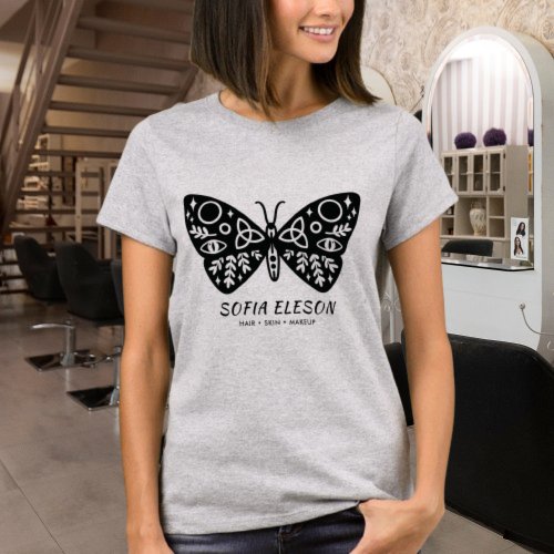 Beauty Salon Uniform Black Butterfly Typography  T_Shirt
