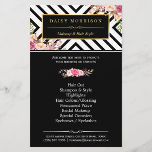 Beauty Salon Vintage Floral Black White Stripes Flyer