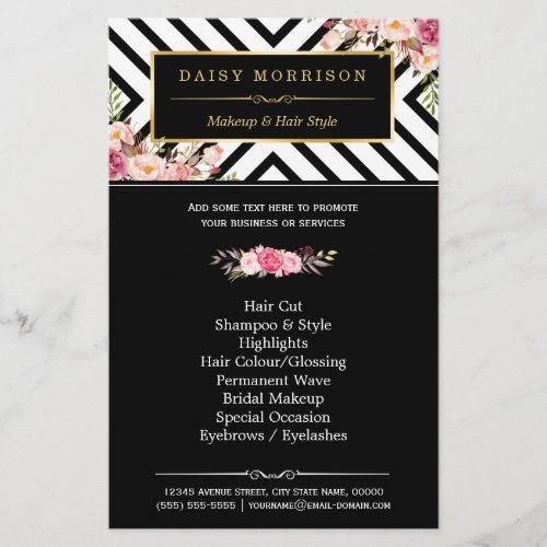 Beauty Salon Vintage Floral Black White Stripes Flyer