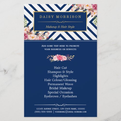 Beauty Salon Vintage Floral Navy Blue Stripes Flyer