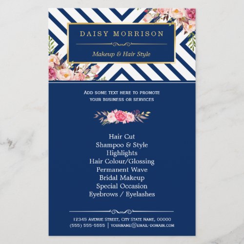 Beauty Salon Vintage Floral Navy Blue Stripes Flyer