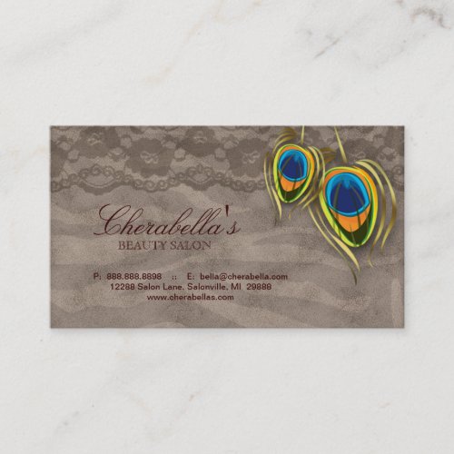 Beauty Salon Vintage Peacock Feather Brown Suede Business Card