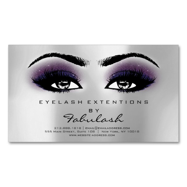 Beauty Salon Violet Silver Adress Makeup Lashes Business Card Magnet (Front)