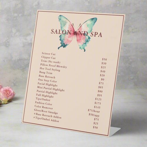 Beauty Salon Watercolor Butterfly Pink Price List  Pedestal Sign