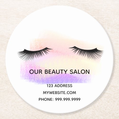 Beauty salon white eye lashes pastel makeup round paper coaster