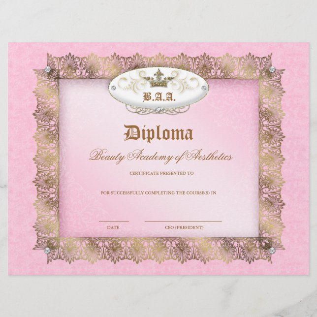 Beauty School Diploma Pink Gold Lace Crown (Front)