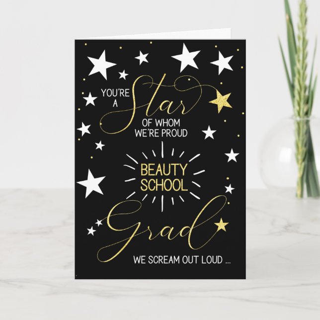 Beauty School Graduate Black Gold Stars Typography Card (Front)