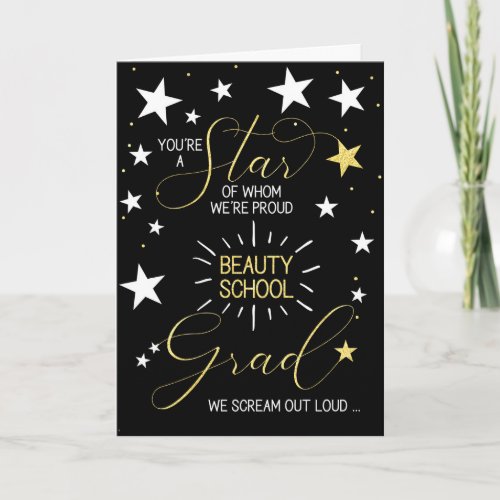 Beauty School Graduate Black Gold Stars Typography Card