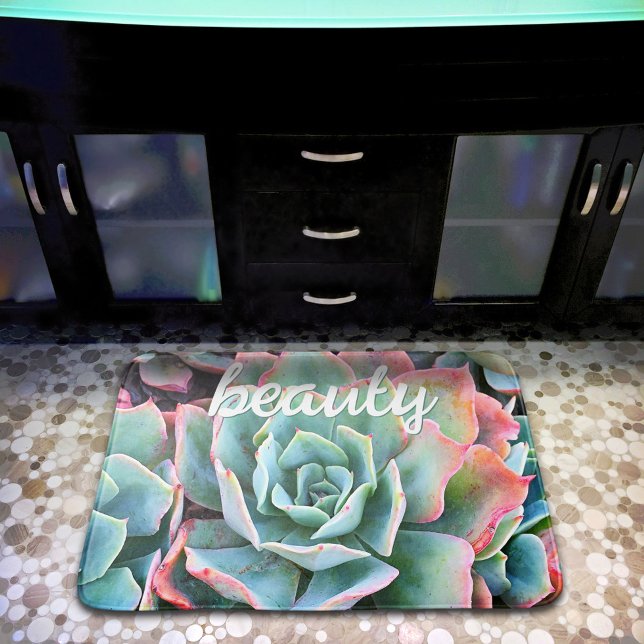 Beauty Script Pink Green Cactus Photo Bold Modern Bath Mat (Creator Uploaded)