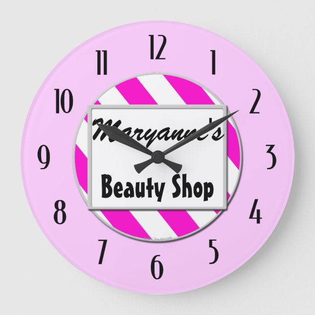 Beauty Shop Pink White Editable Clock with Numbers (Front)
