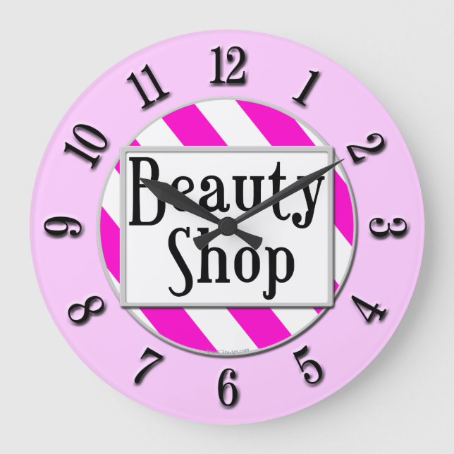 Beauty Shop Pink White Striped Retro Wall Clock (Front)