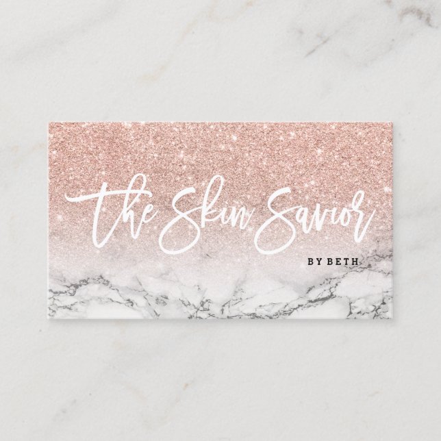 Beauty skin typography rose gold glitter marble business card (Front)