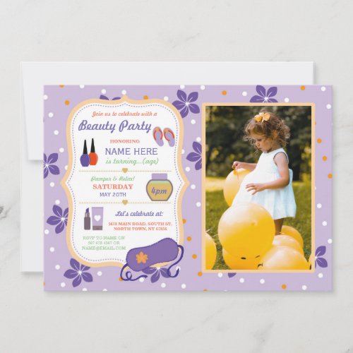 Beauty Spa Birthday Party Purple Pamper Face Photo Invitation