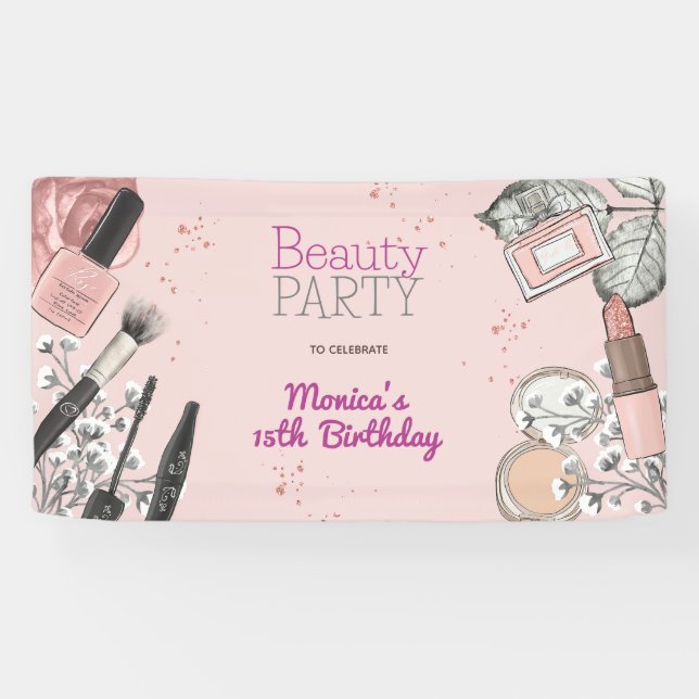 Beauty spa girly dusty rose birthday party banner (Horizontal)