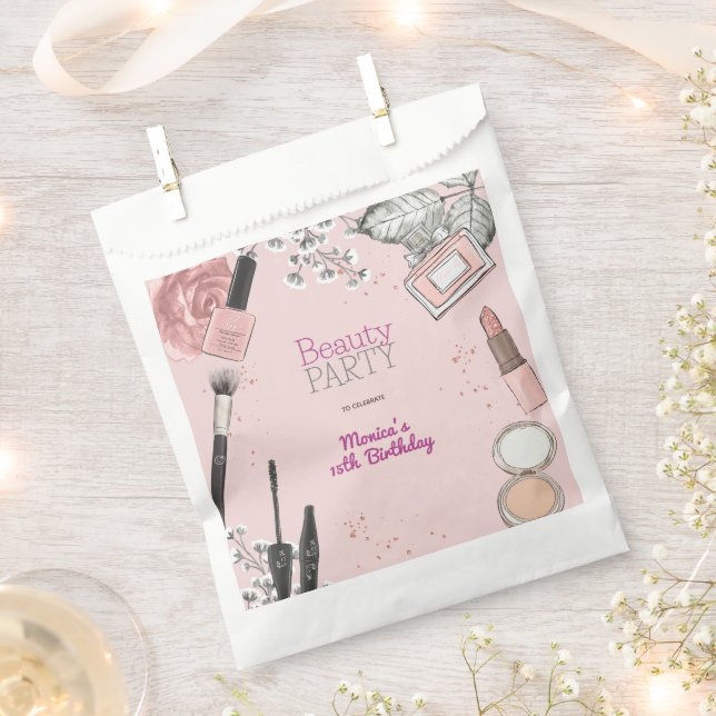 Beauty spa girly dusty rose birthday party favor bag (Clipped)
