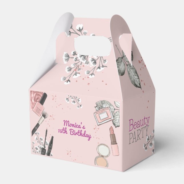 Beauty spa girly dusty rose birthday party favor boxes (Front Side)