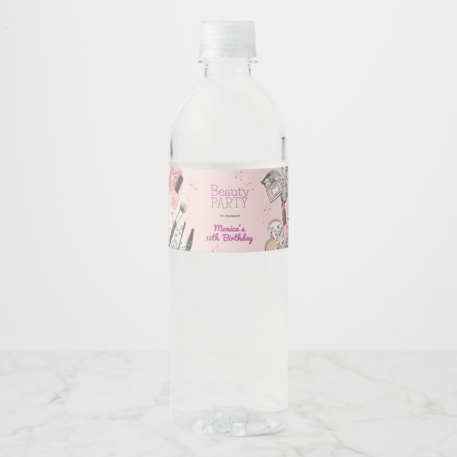 Beauty spa girly dusty rose birthday party water bottle label (Front)
