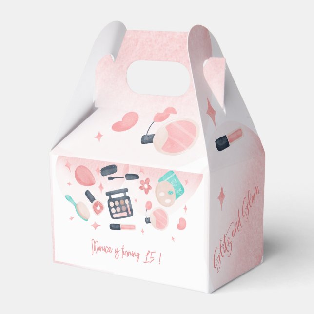 Beauty spa glitz and glam birthday party favor boxes (Front Side)