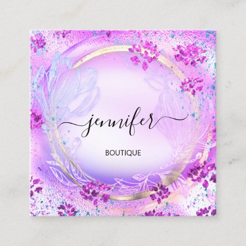 Beauty SPA Shop Frame Pink Floral QR Code Logo  Square Business Card