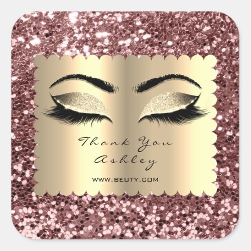 Beauty Sparkly Glitter Rose  Gold Lash Thank You Square Sticker