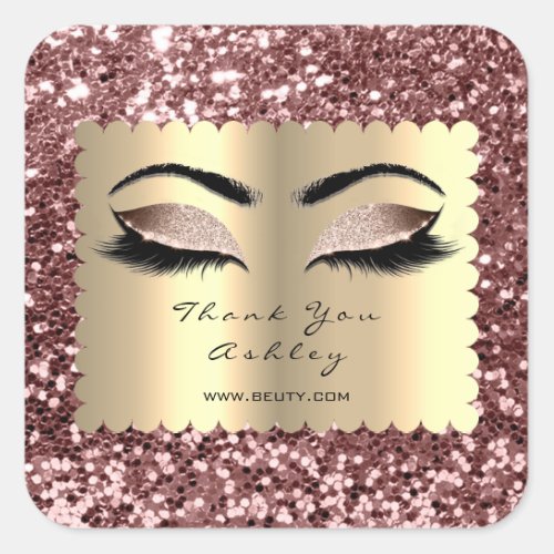 Beauty Sparkly Glitter Rose Gold Lashes Thank You Square Sticker