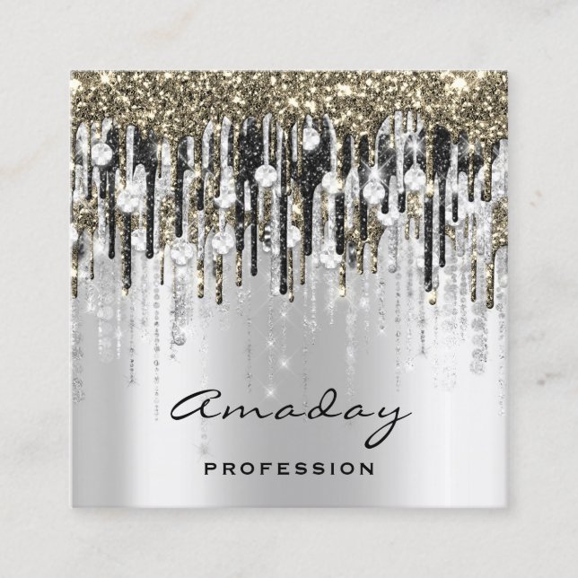 Beauty Studio Hairdresser Makeup Gray Gold Diamond Square Business Card (Front)