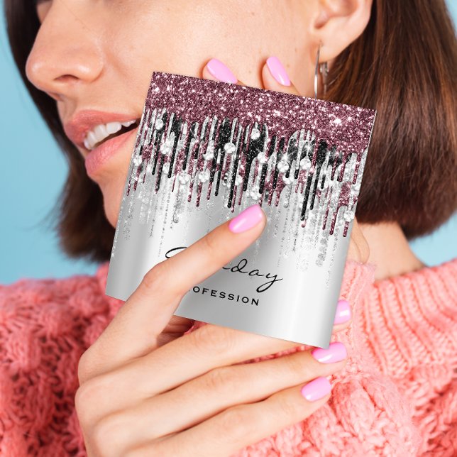 Beauty Studio Hairdresser Makeup Gray Rose Drips Square Business Card (Creator Uploaded)