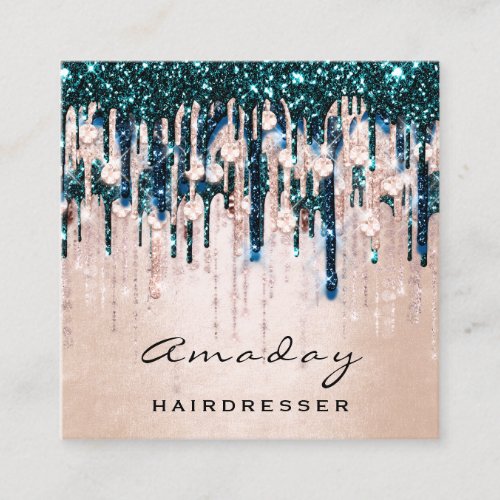 Beauty Studio Hairdresser Makeup Rose Drip Teal Square Business Card