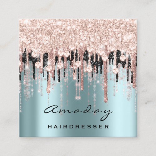 Beauty Studio Hairdresser Makeup Rose Teal Drips Square Business Card