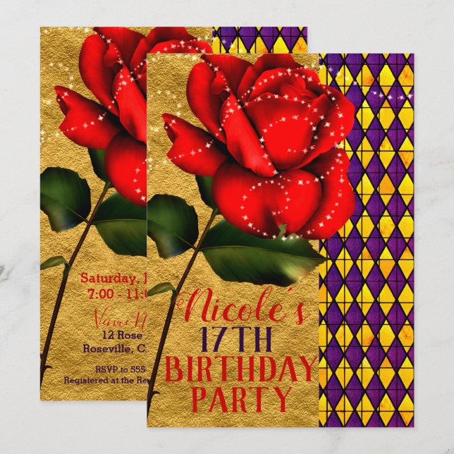 Beauty & The Beast Red Sparkle Rose Birthday Party Invitation (Front/Back)