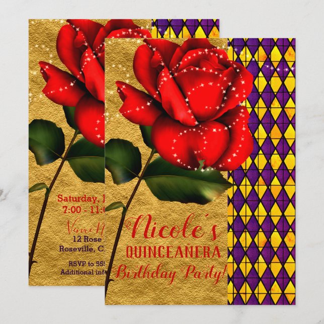 Beauty & The Beast Red Sparkle Rose Quinceañera Invitation (Front/Back)