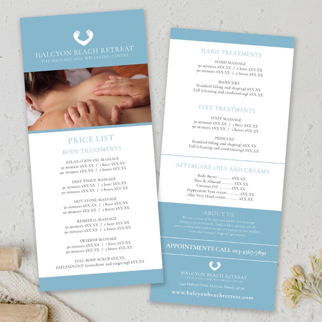 Beauty treatment price list teal massage logo rack card (Creator Uploaded)