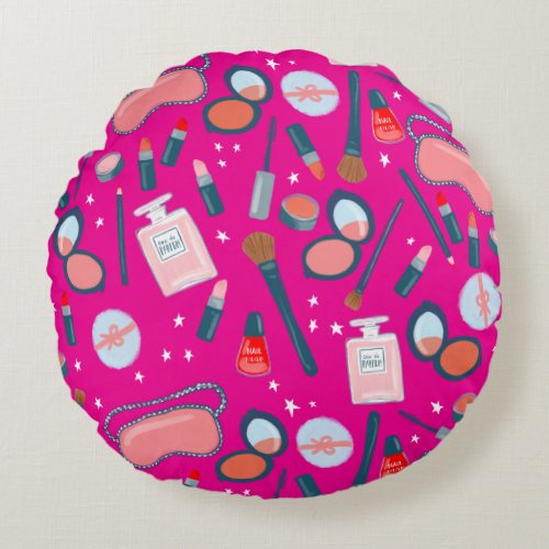 Beauty vintage cosmetics pattern pink round pillow