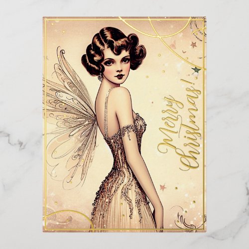 Beauty Vintage Fairy Merry Christmas Greets Retro Foil Holiday Postcard
