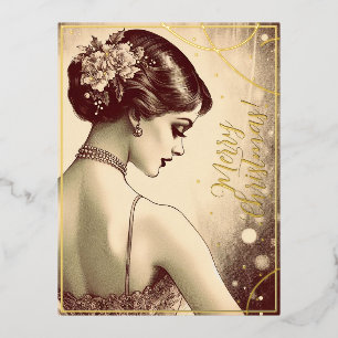Beauty Vintage Girl Merry Christmas Greets Retro Foil Holiday Postcard
