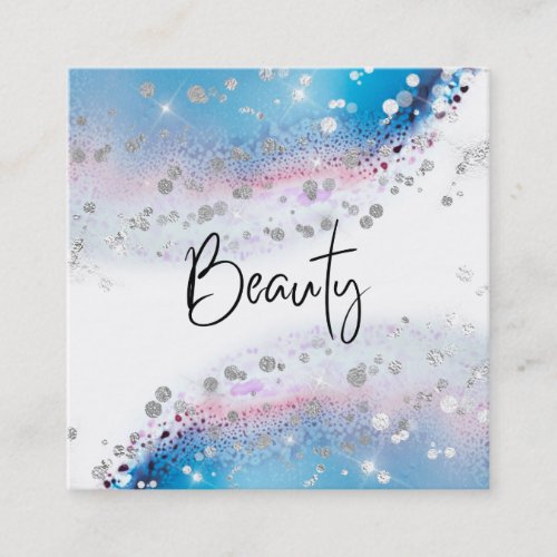  BEAUTY _ Watercolor Blue Pastel Silver Glitter Square Business Card